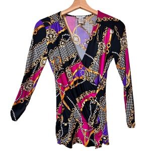 Cache Size XS Shirt Baroque Chain Houndstooth Wrap Purple Pink Ruched Y2K Bratz